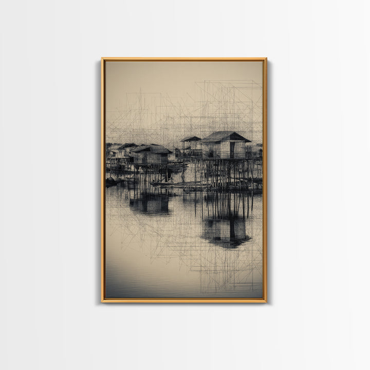 Monochrome Stilt Village Framed Canvas Print, African Fishing Huts Sketch, Minimalist Black Wall Decor For Office And Living Room