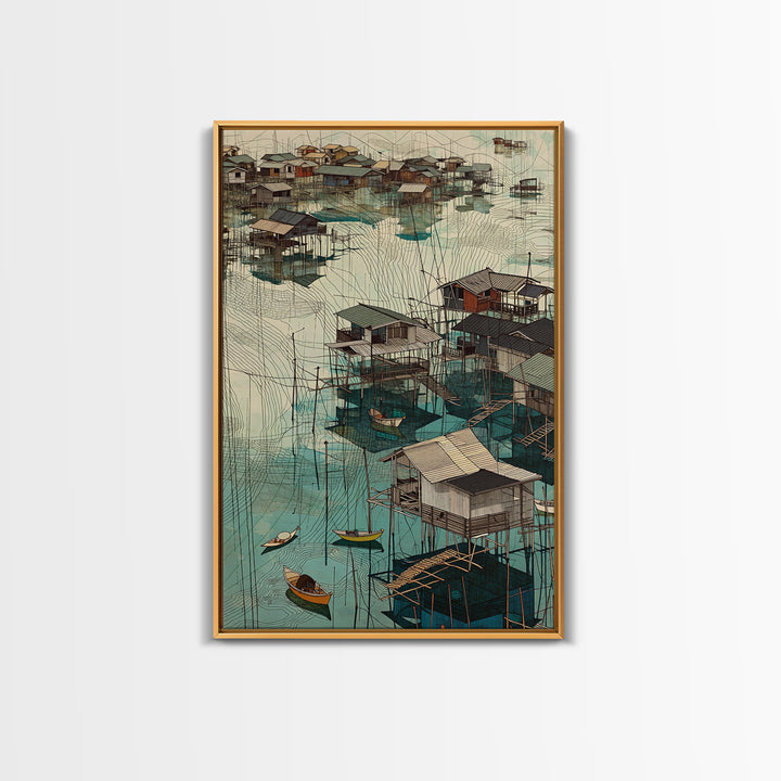 Turquoise African Stilt Houses Wall Art, Fishing Village Canvas, Coastal Landscape Print, Cultural Home Decor Gift For Living Room