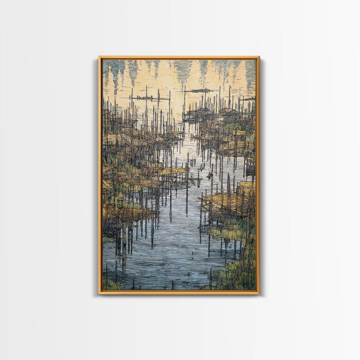 Intricate African Wetland Village Wall Art, Fishing Poles And Boats Canvas, Textured Landscape Decor For Living Room Gift