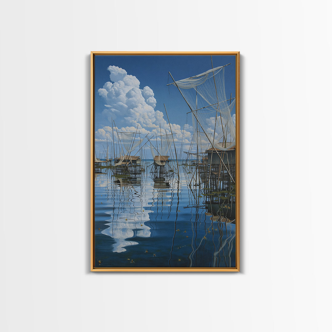 Dreamy Fishing Nets On Blue Water Wall Art, African Coastal Village Canvas, Cloud Reflection Nature Decor Gift For Home And Office