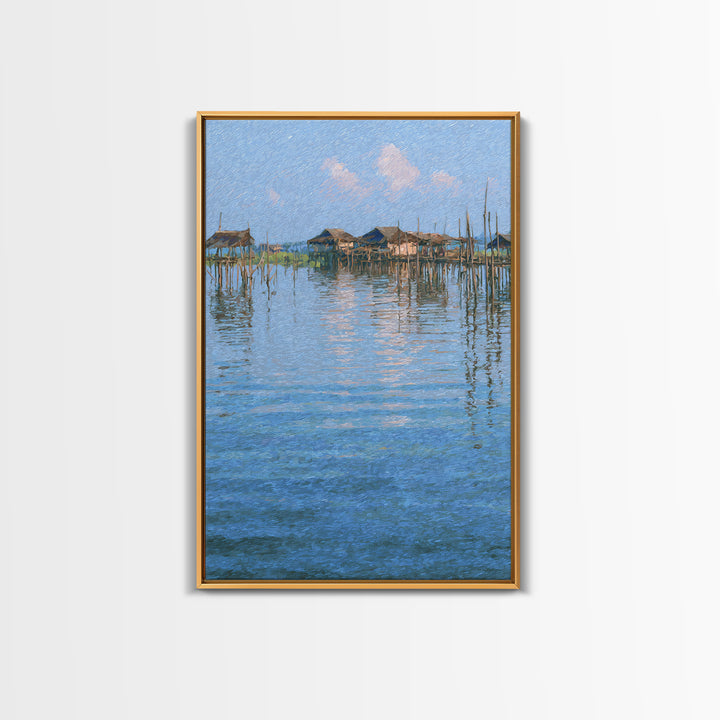 Peaceful Blue Lagoon Stilt Village Canvas Print, African Coastal Landscape, Impressionist Water Reflections Wall Decor Gift
