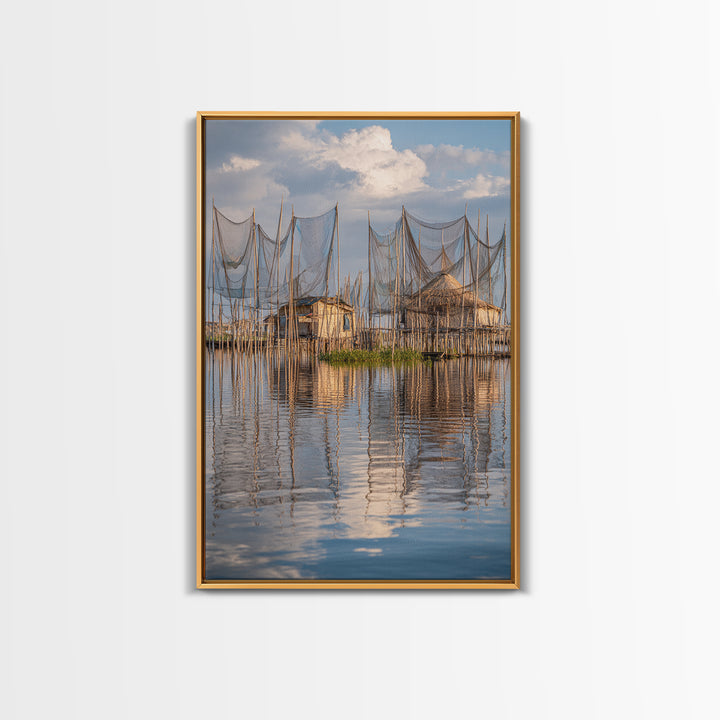 Sunlit Stilt Fishing Huts And Net Reflections Wall Art, Coastal Lake Village Canvas Print, Serene Blue Water Living Room Decor