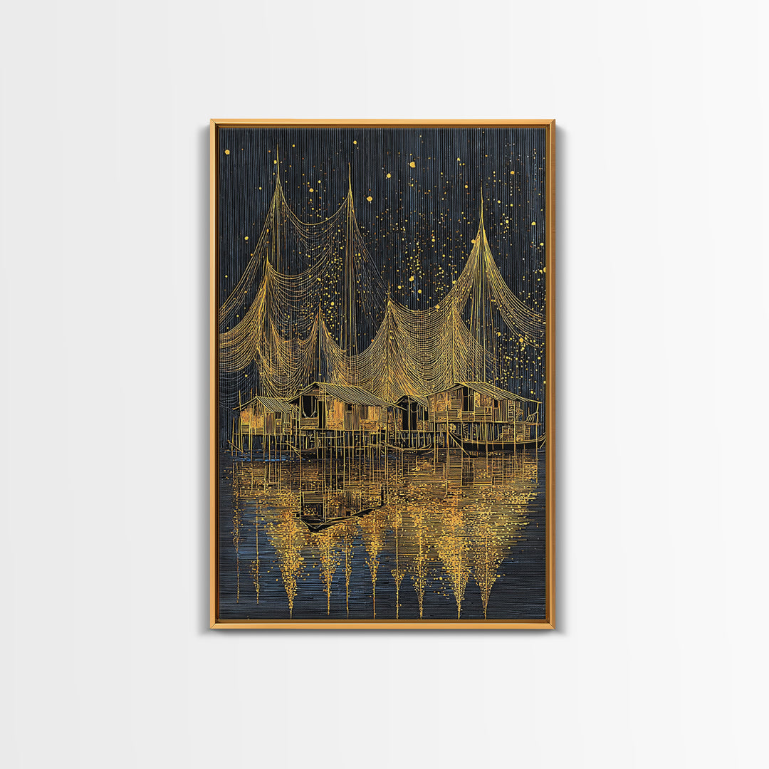 Golden Night Fishing Nets Over Stilt Houses Canvas Print, African Inspired Coastal Village Wall Decor, Black Gold Statement Art