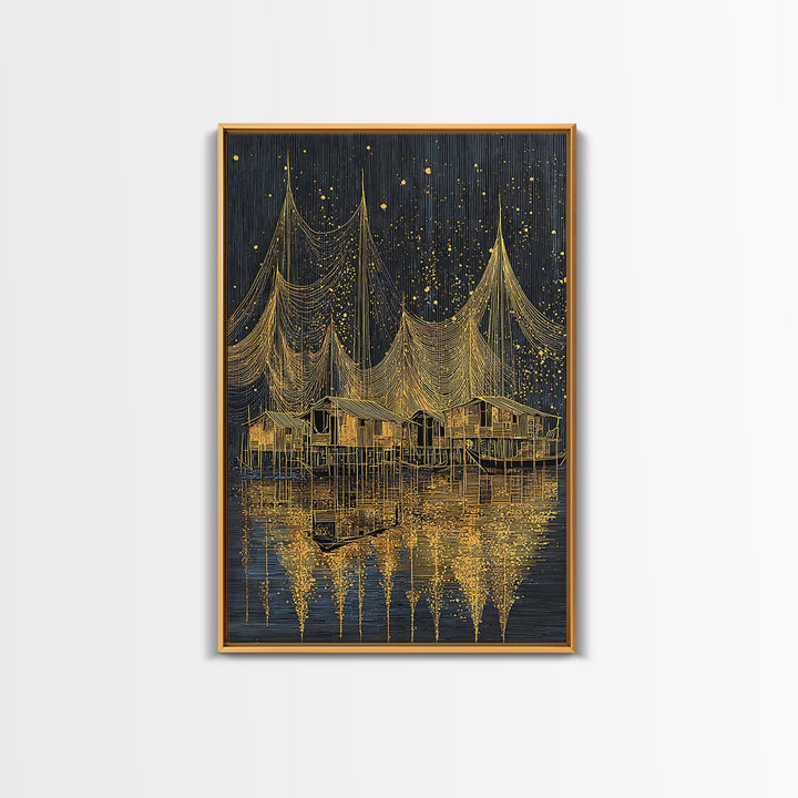 Golden Night Fishing Nets Over Stilt Houses Canvas Print, African Inspired Coastal Village Wall Decor, Black Gold Statement Art