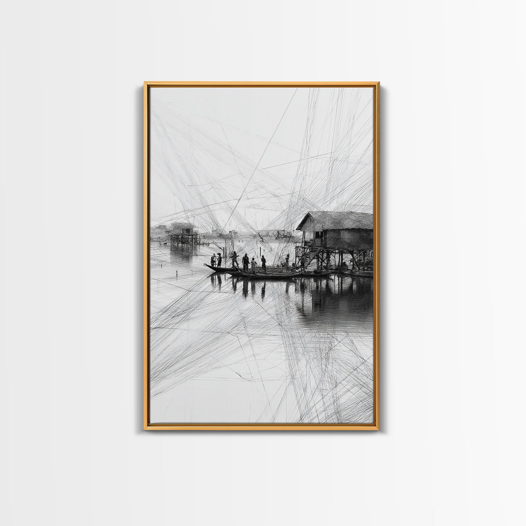 Black And White Fishing Village Sketch Wall Art, Fine Line Coastal Hut Drawing, Minimalist Lake House Decor For Gallery Walls