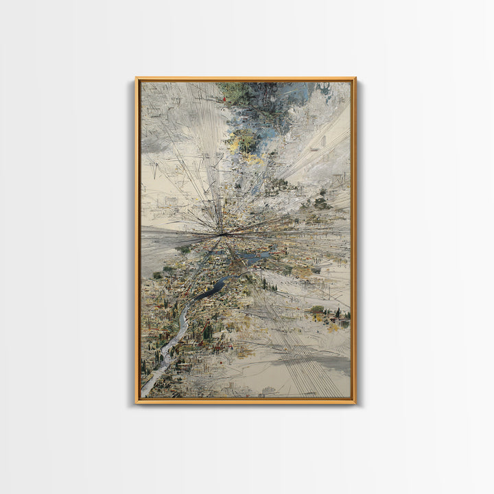 Abstract Aerial River Delta And City Lines Wall Art, Modern Landscape Canvas Print, Textured Blue Gray Gallery Office Decor
