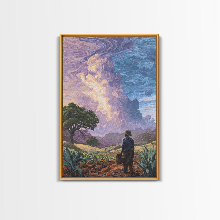 Farmer Under Swirling Storm Sky Canvas Print, African Landscape, Nature Scene Art, Earth Tone Wall Art, Living Room Decor