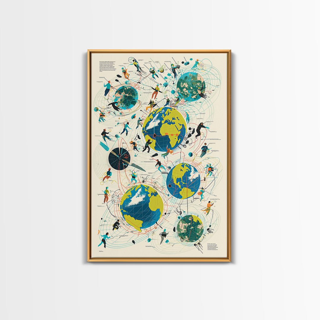 Abstract Global Network People Wall Art, Modern African Inspired Digital Art, Geometric Office Decor, World Map Canvas Print