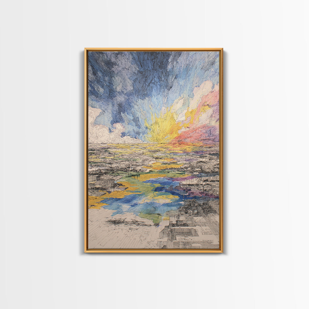 Radiant Abstract City And River Sunrise Canvas Print, Modern African Inspired Wall Art, Colorful Landscape Office Decor Gift