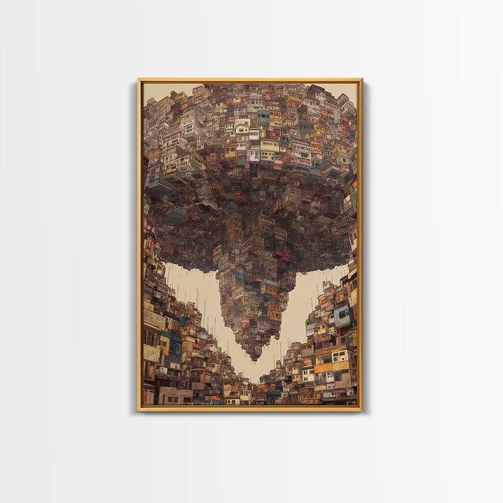 Inverted Megacity Wall Art, Surreal Urban Architecture, Modern Black Art Decor, Statement Canvas Print For Living Room Decor