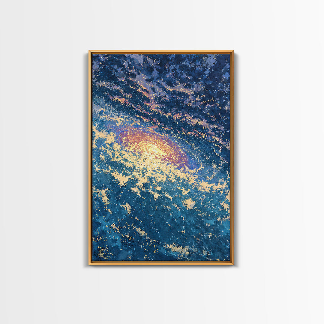 Blue Galaxy Vortex Wall Art, Swirling Cosmic Abstract, Gold Starry Canvas Print, Dreamy Luxury Decor Gift For Home Office