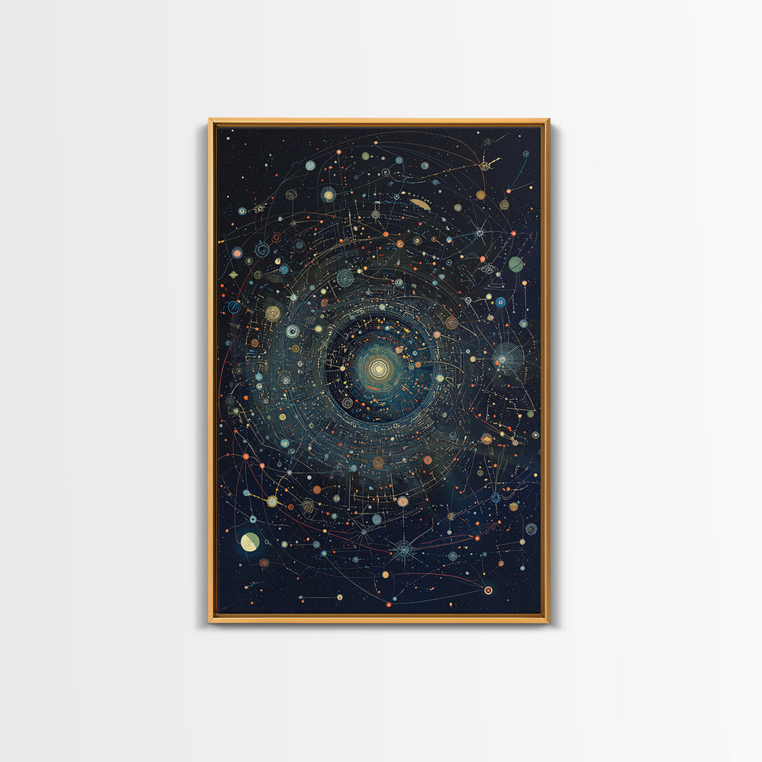 Dark Cosmic Orbit Mandala Canvas Print, Galaxy Map Wall Decor, Abstract Art, Modern Office Decor, Starry Astronomy Poster