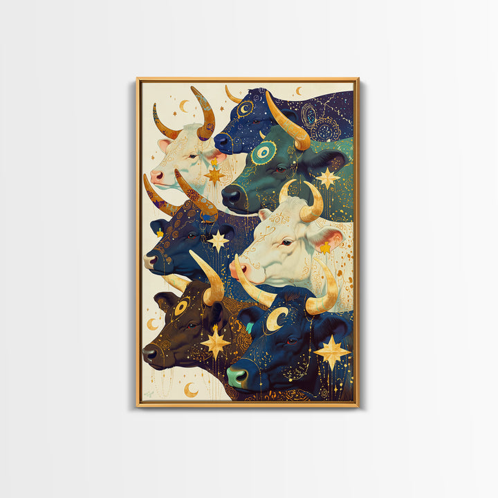 Celestial Herd Of Moonlit Cows Wall Art, Mystical Animal Canvas Print, Colorful Farm Decor, Whimsical Stars And Moons Poster