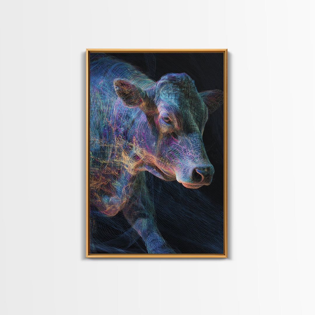 Neon Rainbow Cow Portrait Canvas Print, Abstract Animal Wall Decor, Electric Blue Farmhouse Art, Modern Black Home Decor