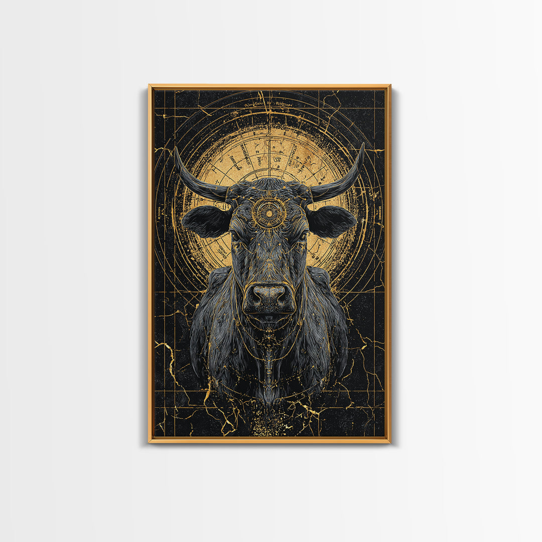 Sacred Black And Gold Bull Framed Canvas Print, Geometric Animal Wall Art, Mystical Farm Decor, Dramatic Statement Piece