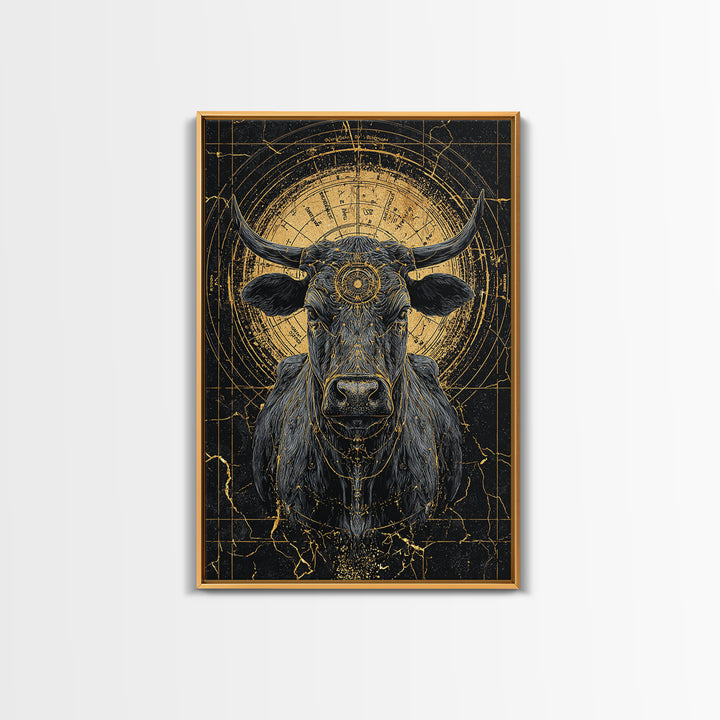 Sacred Black And Gold Bull Framed Canvas Print, Geometric Animal Wall Art, Mystical Farm Decor, Dramatic Statement Piece
