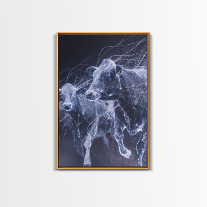Glowing Running Cows Wall Art, Ethereal Blue Animal Canvas Print, Motion Study Farm Decor, Dreamy Modern Statement Piece