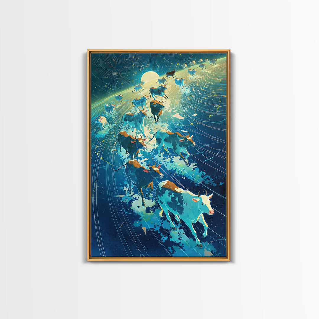 Cosmic Cattle Herd In Motion Wall Art, Blue Galaxy Animal Canvas Print, Dynamic Farm Decor, Unique Living Room Statement
