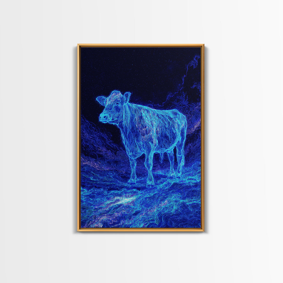 Electric Blue Cow Landscape Canvas Print, Neon Animal Wall Art, Mystical Night Farm Decor, Modern Nature Scene Painting Gift