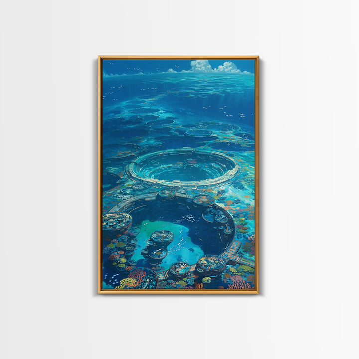 Underwater Ocean City With Coral Reef, Canvas Print, Blue Beach Art, Modern Wall Decor, Living Room Art, Unique Home Decor Gift