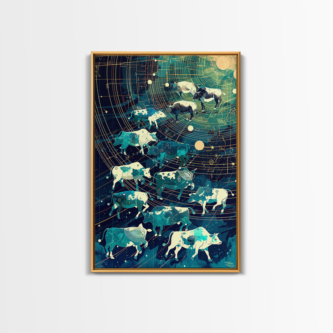 Celestial Cattle Herd Under Golden Star Map, Wall Art, Farm Animal Painting, Modern Canvas Art, Rustic Decor, Unique Gift