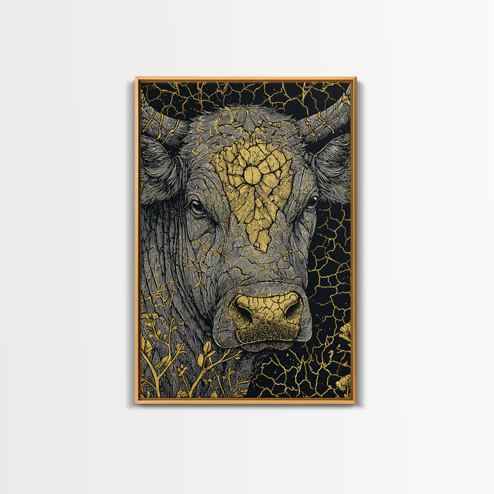 Cracked Gold Bull Portrait With Horns, Framed Canvas Print, Animal Wall Art, Black And Gold Art, Rustic Decor Statement Piece