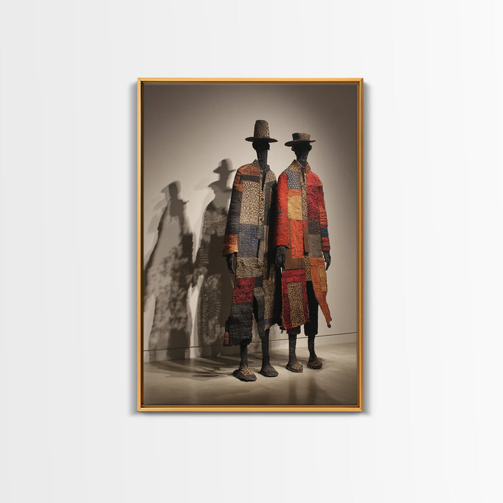 Patchwork African Textile Figures In Hats, Framed Canvas Print, African Art Sculpture, Tribal Decor, Cultural Home Decor Gift