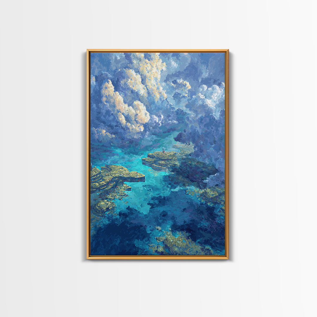 Dreamy Turquoise Ocean And Cloudscape Wall Art, Blue Nature Scene Art, Coastal Fantasy Landscape, Modern Canvas Decor Gift