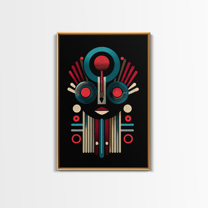 Geometric Tribal Mask In Red And Teal Canvas Print, African Mask Art, Abstract African Art, Afrocentric Wall Home Decor Gift