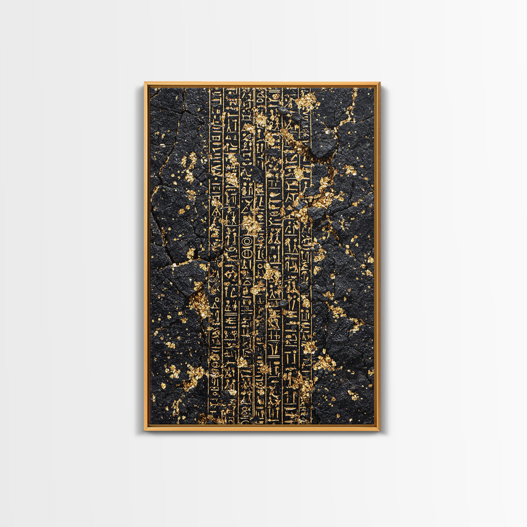 Gold Egyptian Hieroglyphs On Cracked Stone Wall Art, Ancient African Art, Black And Gold Art, Mystical Cultural Decor Gift