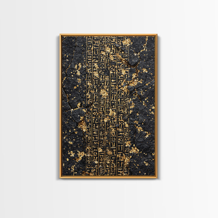 Gold Egyptian Hieroglyphs On Cracked Stone Wall Art, Ancient African Art, Black And Gold Art, Mystical Cultural Decor Gift