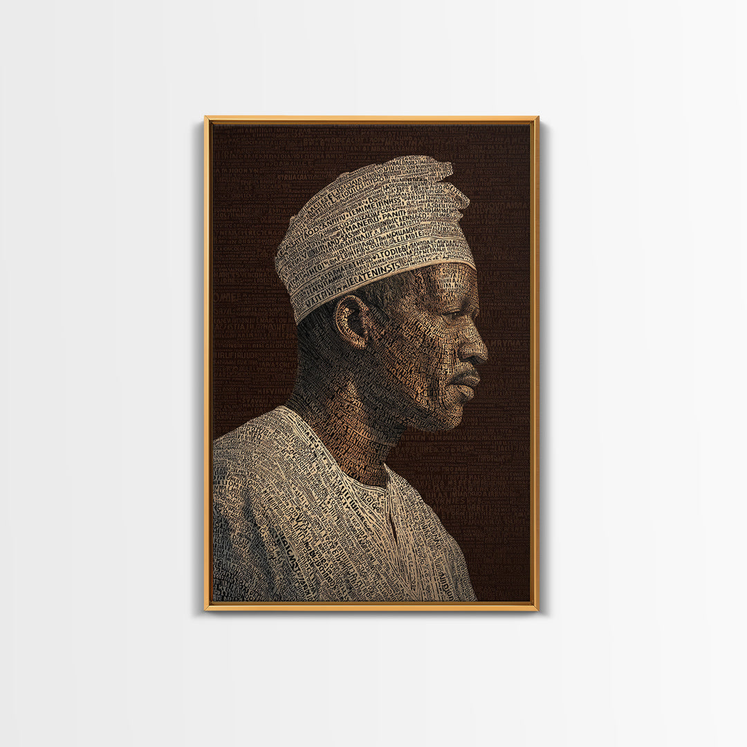 Sepia African Man Profile In Text Canvas Print, Black Man Artful Portrait, African American Art, Cultural Wall Decor Gift