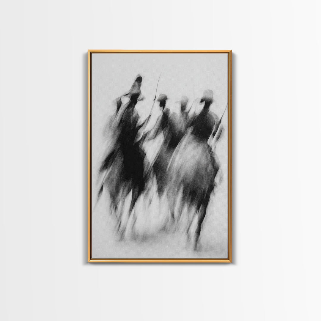 Blurred African Warriors Framed Canvas Print, Tribal Horsemen Wall Decor, Black And White Safari Art, Cultural Home Gift