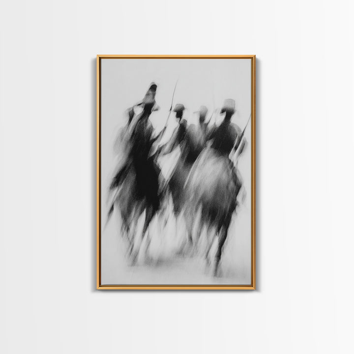Blurred African Warriors Framed Canvas Print, Tribal Horsemen Wall Decor, Black And White Safari Art, Cultural Home Gift