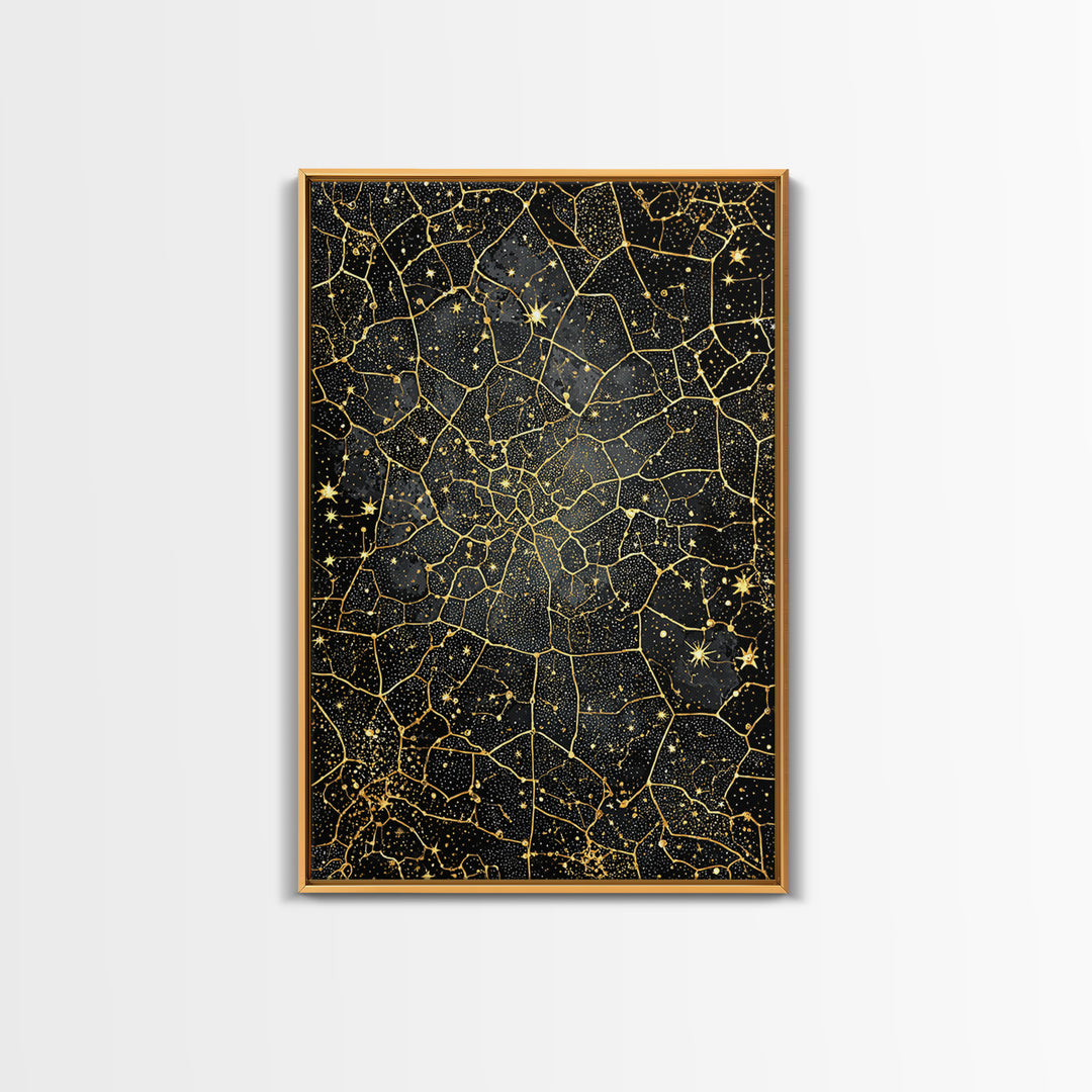 Black And Gold Celestial Crackle Pattern, Abstract Wall Art, Luxury Canvas Print, Geometric Home Decor, Starry Art, Modern Black Decor