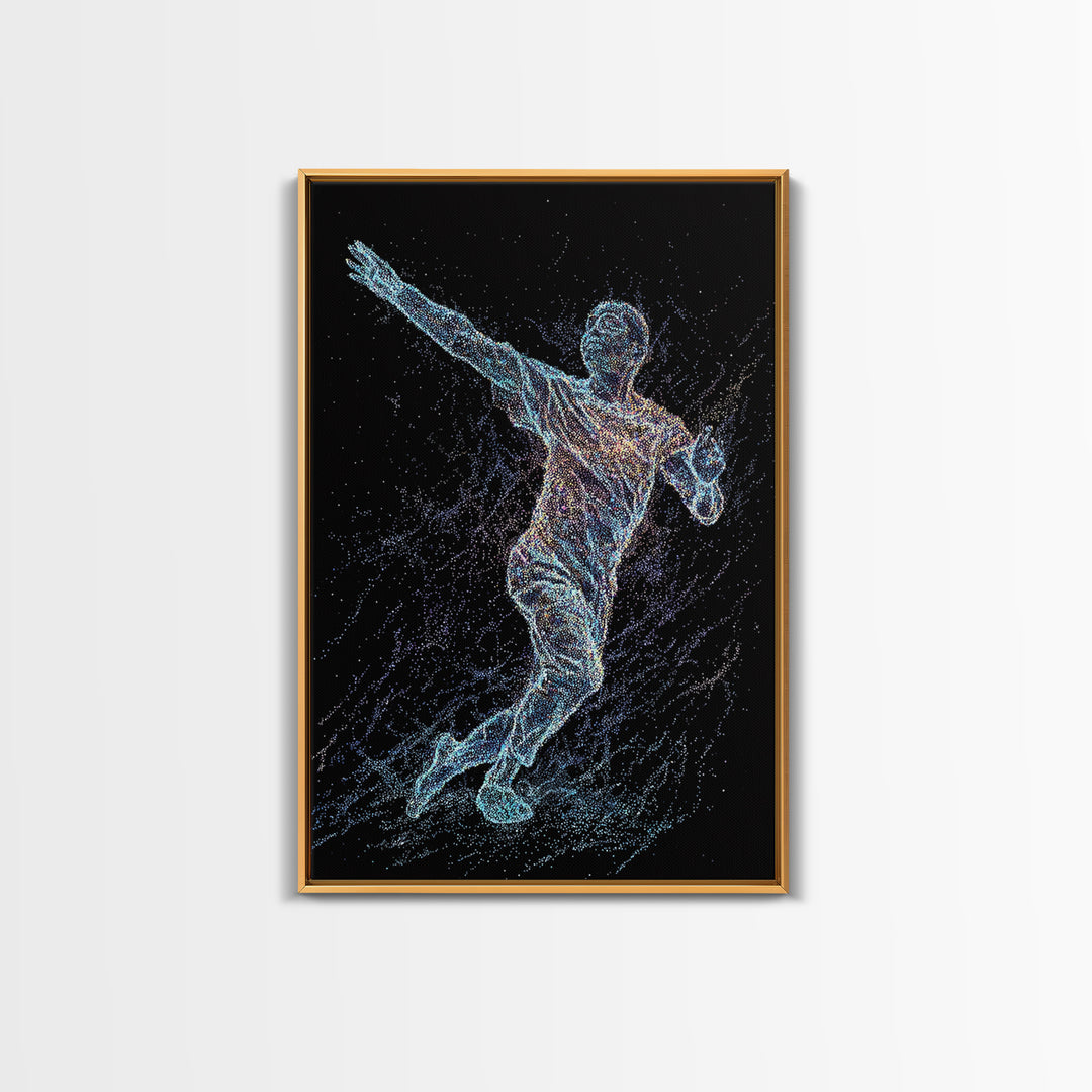Glowing Soccer Player In Motion, Black Wall Art, Modern Canvas Print, Athletic Sports Decor, Futuristic Digital Art Gift