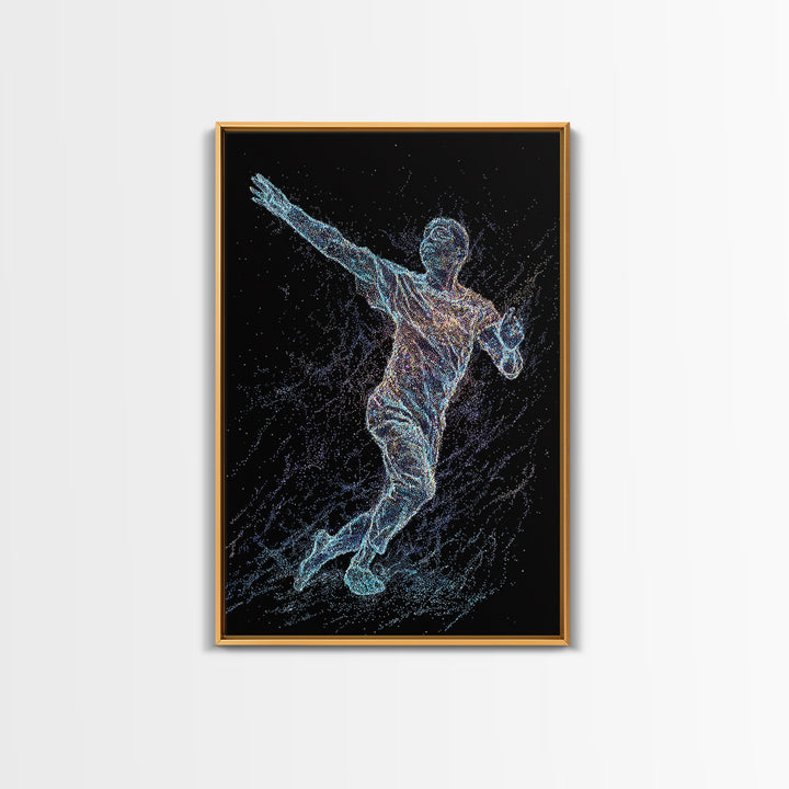 Glowing Soccer Player In Motion, Black Wall Art, Modern Canvas Print, Athletic Sports Decor, Futuristic Digital Art Gift