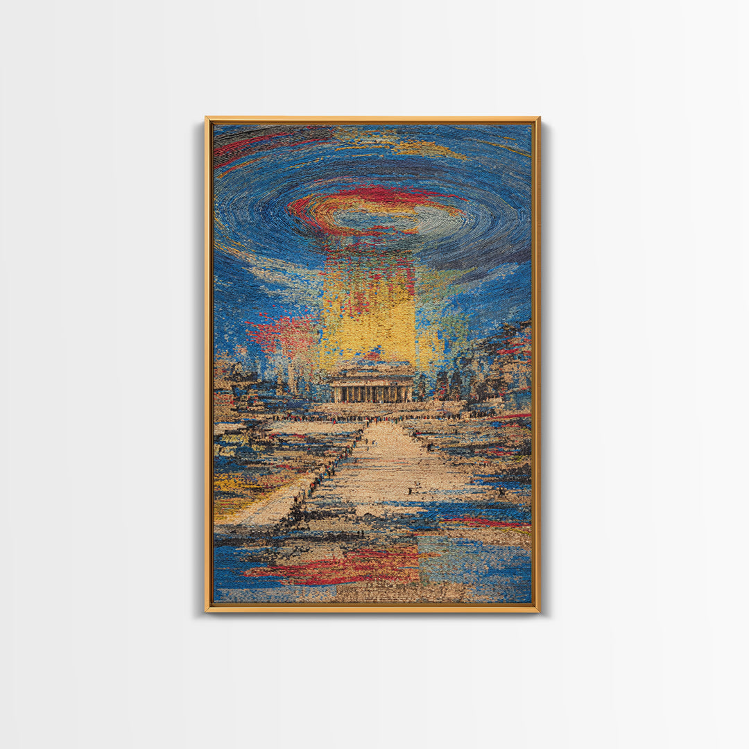 Monument Under Cosmic Portal, Modern Wall Art, Framed Canvas Print, Cityscape Home Decor, Sci Fi Abstract Statement Gift
