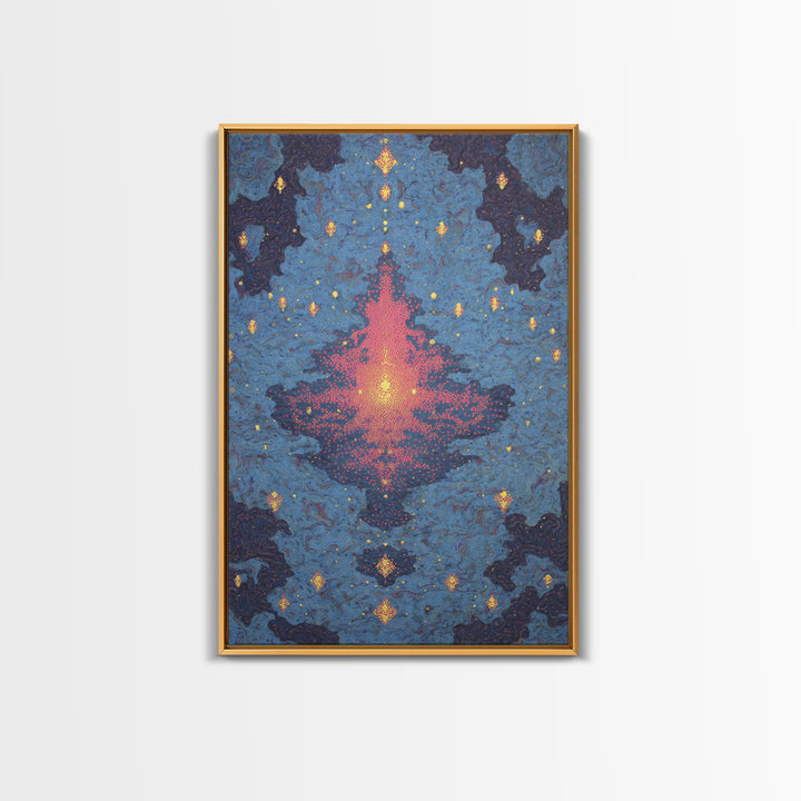 Blue Pink Glowing Mandala Reflection, Abstract Wall Art, Modern Canvas Print, Spiritual Meditation Room Decor, Colorful Gift
