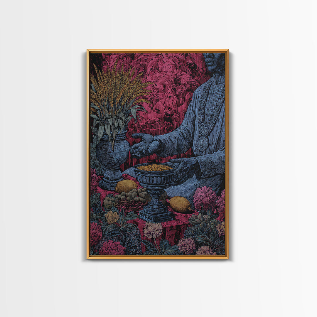 Floral Ritual Still Life With Reaching Hand, Cultural Wall Art, Framed Canvas Print, Afrocentric Ceremony Home Decor Gift