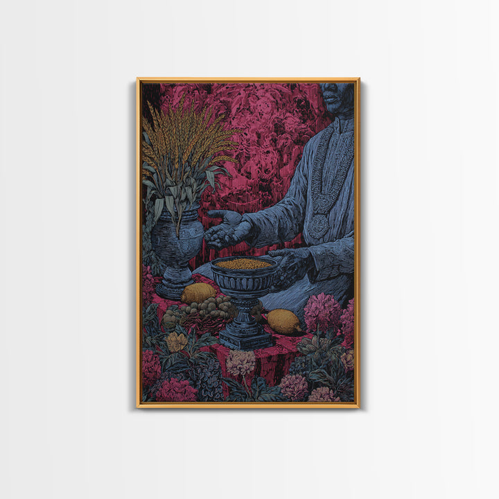 Floral Ritual Still Life With Reaching Hand, Cultural Wall Art, Framed Canvas Print, Afrocentric Ceremony Home Decor Gift