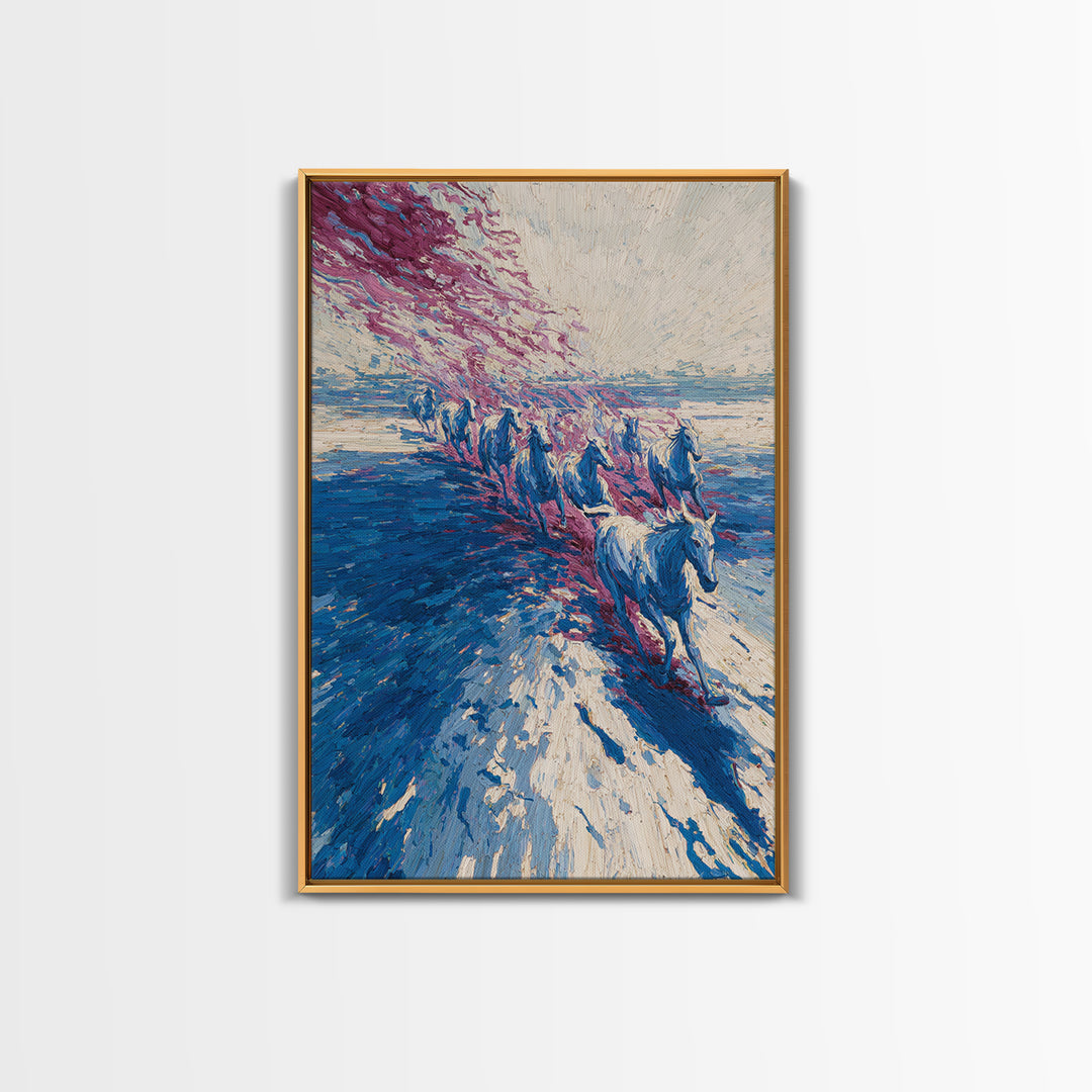 Blue Horses Running On Beach Wall Art, Abstract Coastal Canvas, Wild Horse Painting, Modern Living Room Decor Statement Gift