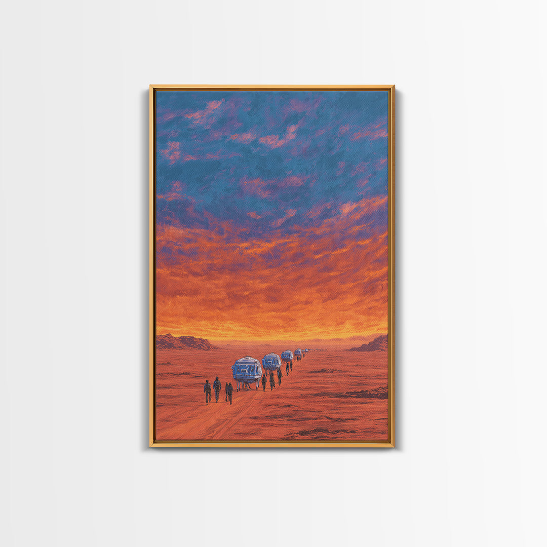 Futuristic Desert Convoy At Sunset Wall Art, Orange Sci Fi Landscape, Mars Travel Poster, Modern Canvas Statement Decor Gift