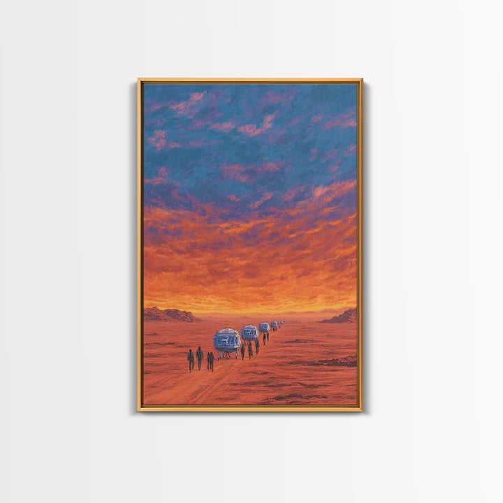 Futuristic Desert Convoy At Sunset Wall Art, Orange Sci Fi Landscape, Mars Travel Poster, Modern Canvas Statement Decor Gift