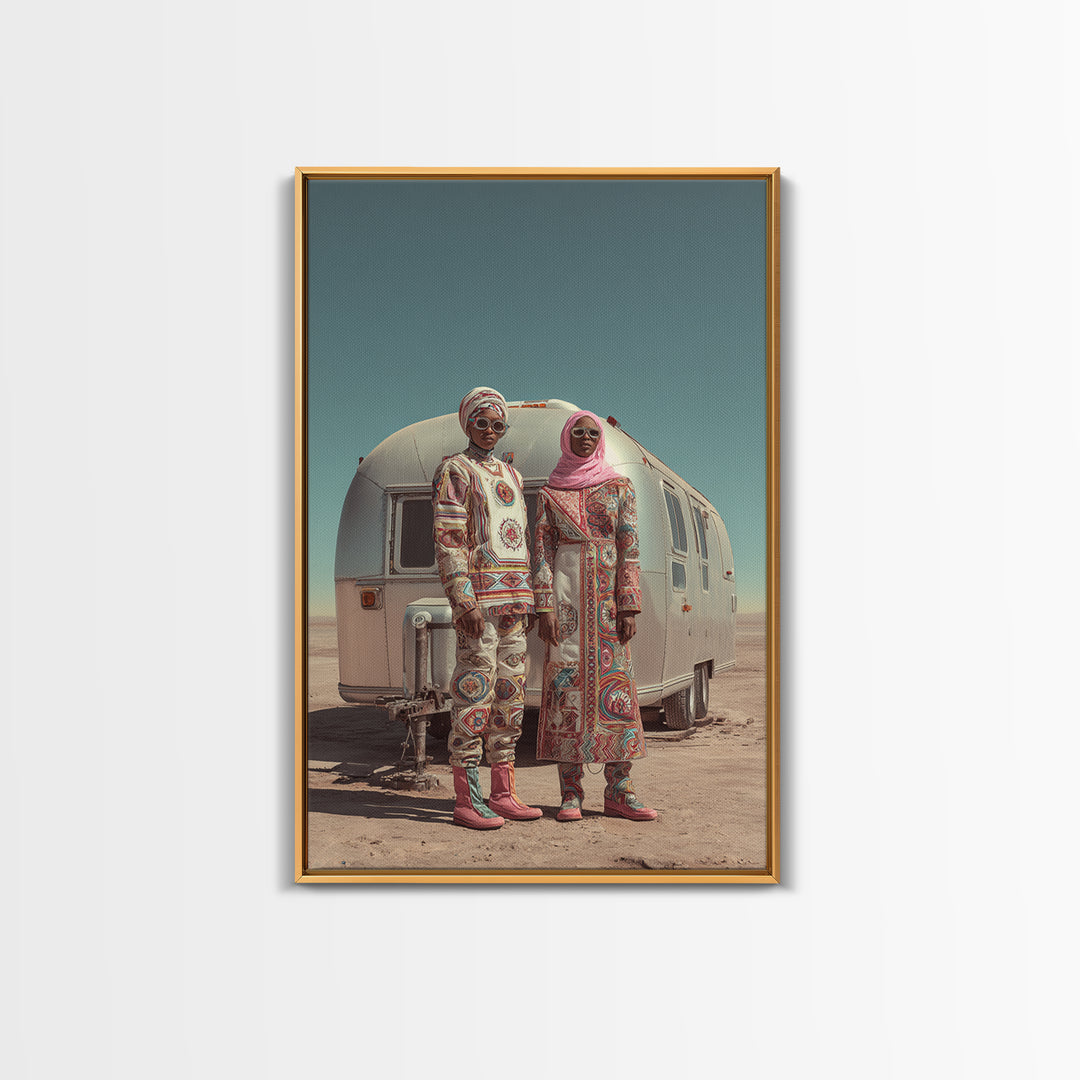 Afrofuturist Desert Couple Framed Canvas Print, African Fashion Portrait, Unique Camper Travel Wall Decor, Black Art Gift