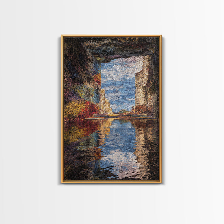 Ocean Cave Reflection Wall Art, Impressionist Seascape Painting, Coastal Landscape Canvas, Nature Scene Living Room Decor