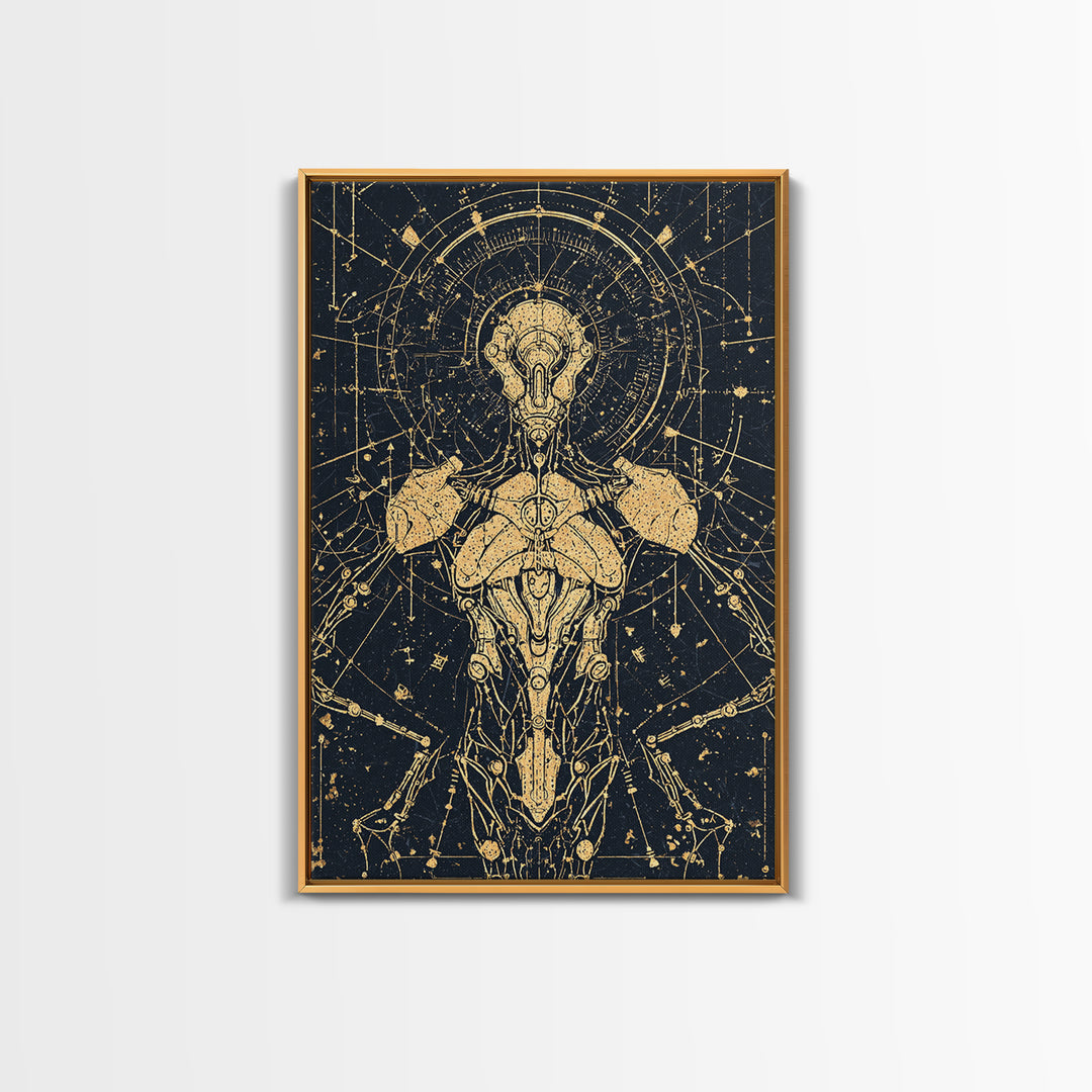 Gold Celestial Cyborg Blueprint Canvas Print, Afrofuturism Wall Decor, Sacred Geometry Robot Art, Modern Black And Gold Decor
