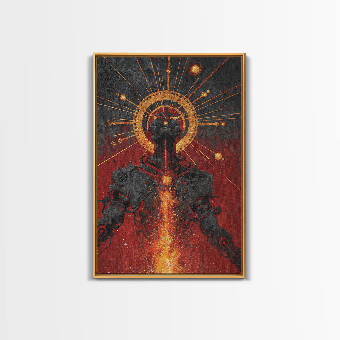 Black Android With Golden Halo Framed Canvas Print, Afrofuturism Wall Art, Red Fire Robot Portrait, Spiritual Decor Gift