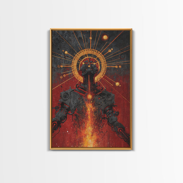 Black Android With Golden Halo Framed Canvas Print, Afrofuturism Wall Art, Red Fire Robot Portrait, Spiritual Decor Gift
