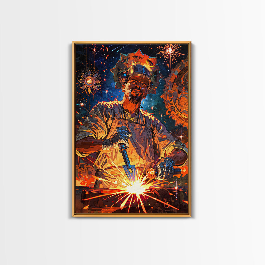 Regal Black Welder Forging Sparks Wall Art, Afrocentric Industrial Portrait, Black Man Art, Modern African Art Decor Gift